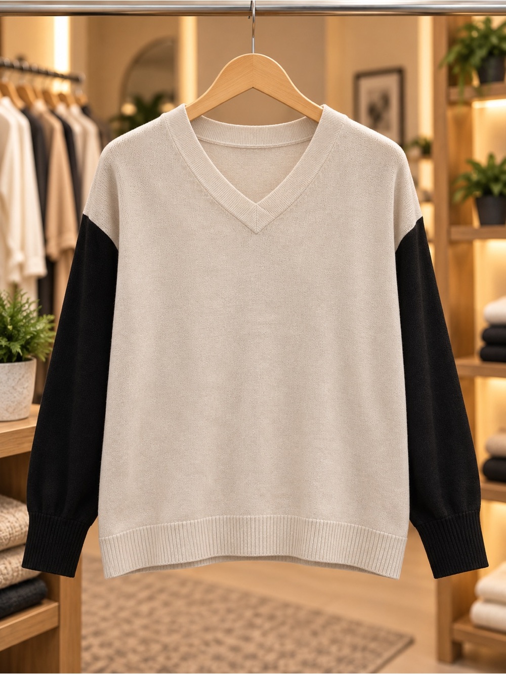 Apt. 9 Two-Tone V-Neck Sweater — Cream Body with Black Sleeves